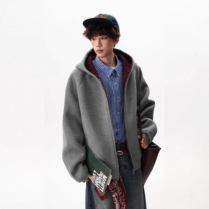 American Contrast Color Zipper Hooded Cardigan Sweater