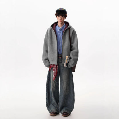 American Contrast Color Zipper Hooded Cardigan Sweater