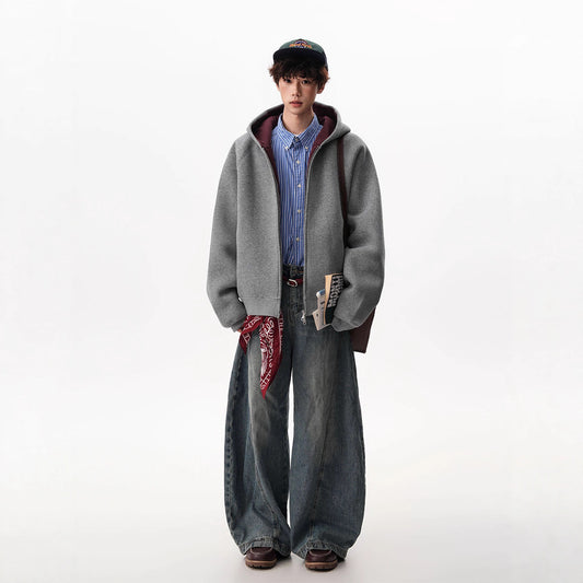 American Contrast Color Zipper Hooded Cardigan Sweater