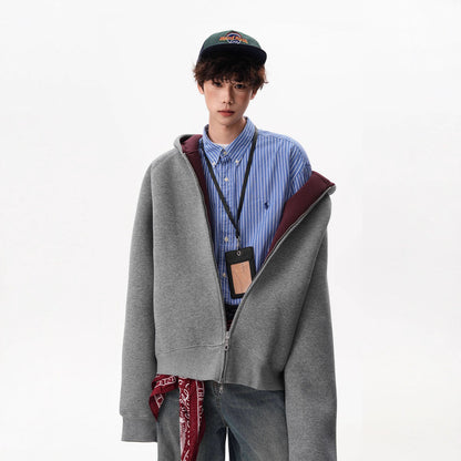 American Contrast Color Zipper Hooded Cardigan Sweater