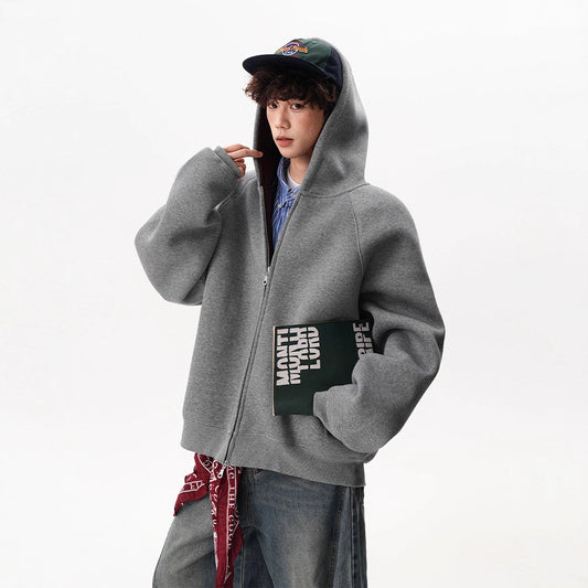 American Contrast Color Zipper Hooded Cardigan Sweater