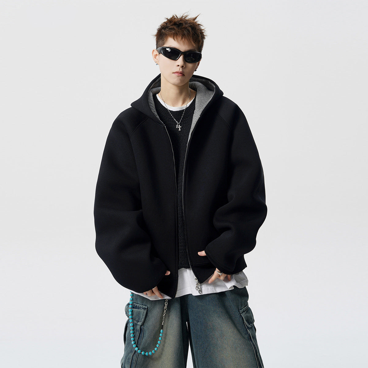 American Contrast Color Zipper Hooded Cardigan Sweater